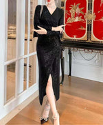Load image into Gallery viewer, Black Sequined Long Dress with Slit
