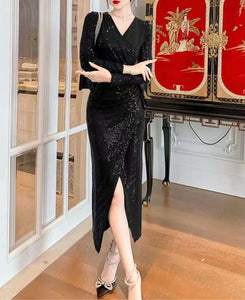 Black Sequined Long Dress with Slit