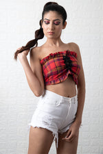 Load image into Gallery viewer, Red Plaid Lace Up Tube Top
