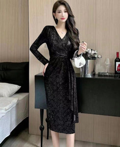Black Sequined Long Dress with Slit