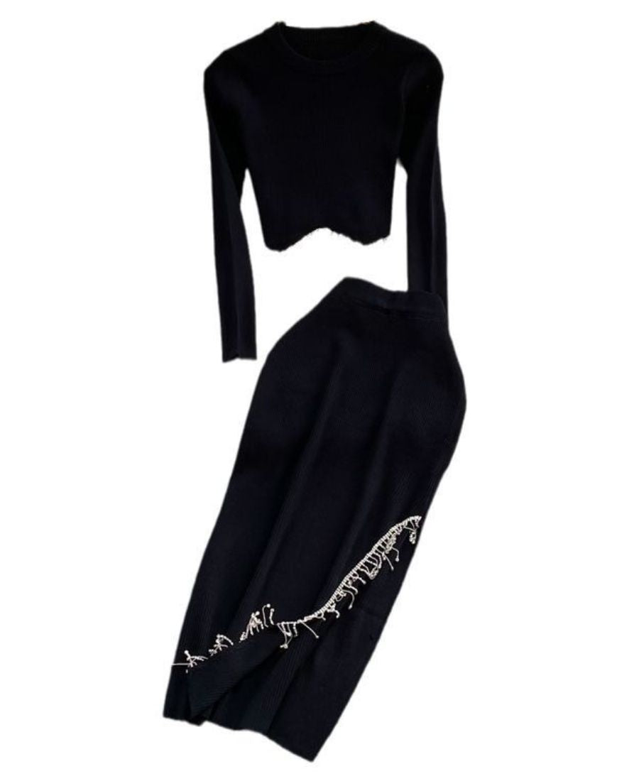 2 Pcs Knit Full Sleeves Tops & Bodycon Skirt