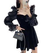 Load image into Gallery viewer, Black Organza Lantern Sleeves Korean V Neck Short Dress

