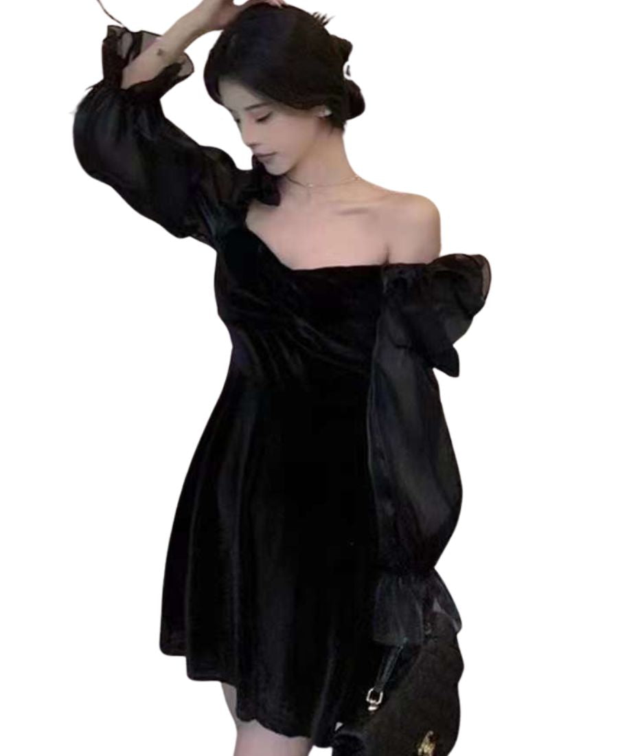 Black Organza Lantern Sleeves Korean V Neck Short Dress