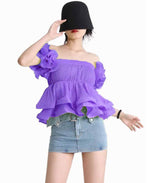 Load image into Gallery viewer, Purple Pleated Ruffle Tops
