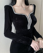Load image into Gallery viewer, Black Crystal Deep V Neckline with sheer lining
