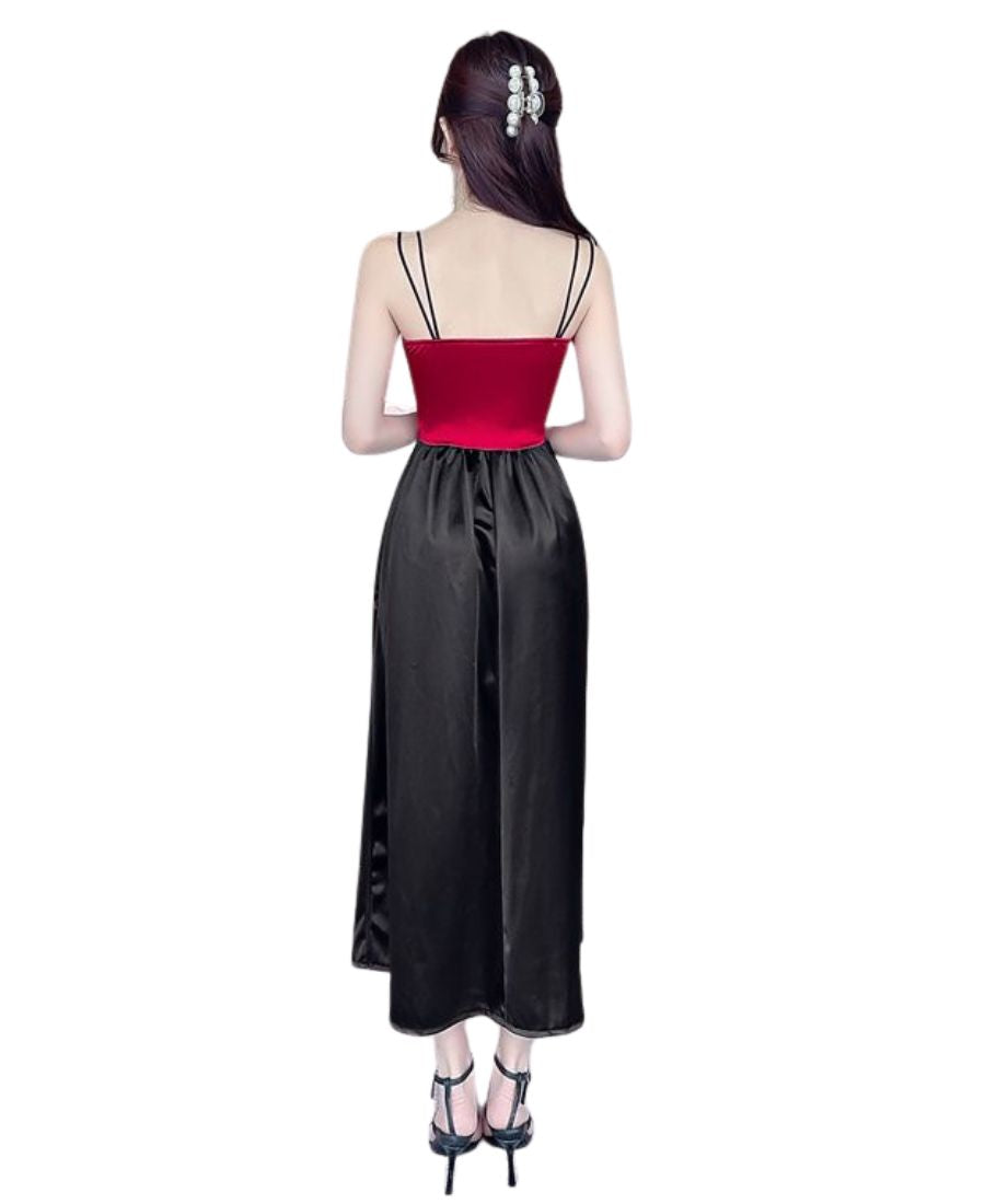 Elegant Red & Black Colored Sleeveless Dress with Noodle Straps