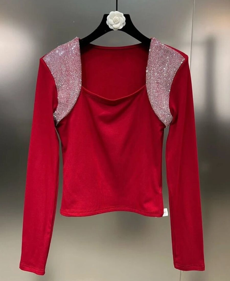 Red Square Neck Diamond Patch Tops