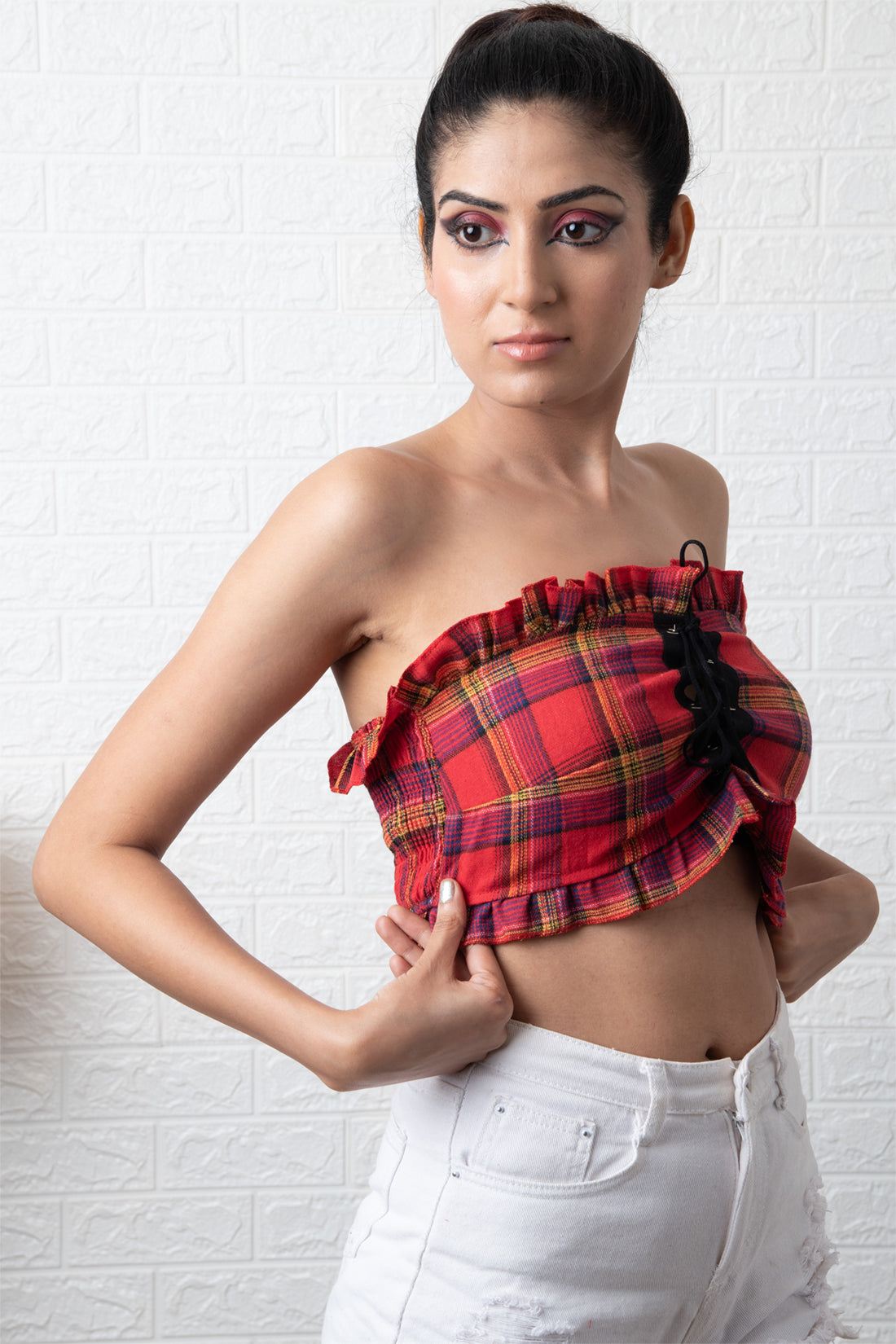 Red Plaid Lace Up Tube Top